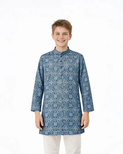 Warrior Teal Blue Printed Kids Kurta – Traditional Festive Charm