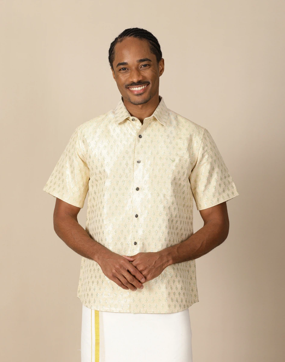 Maurya Vastra Beige Brocade Half Sleeve Shirt (2)