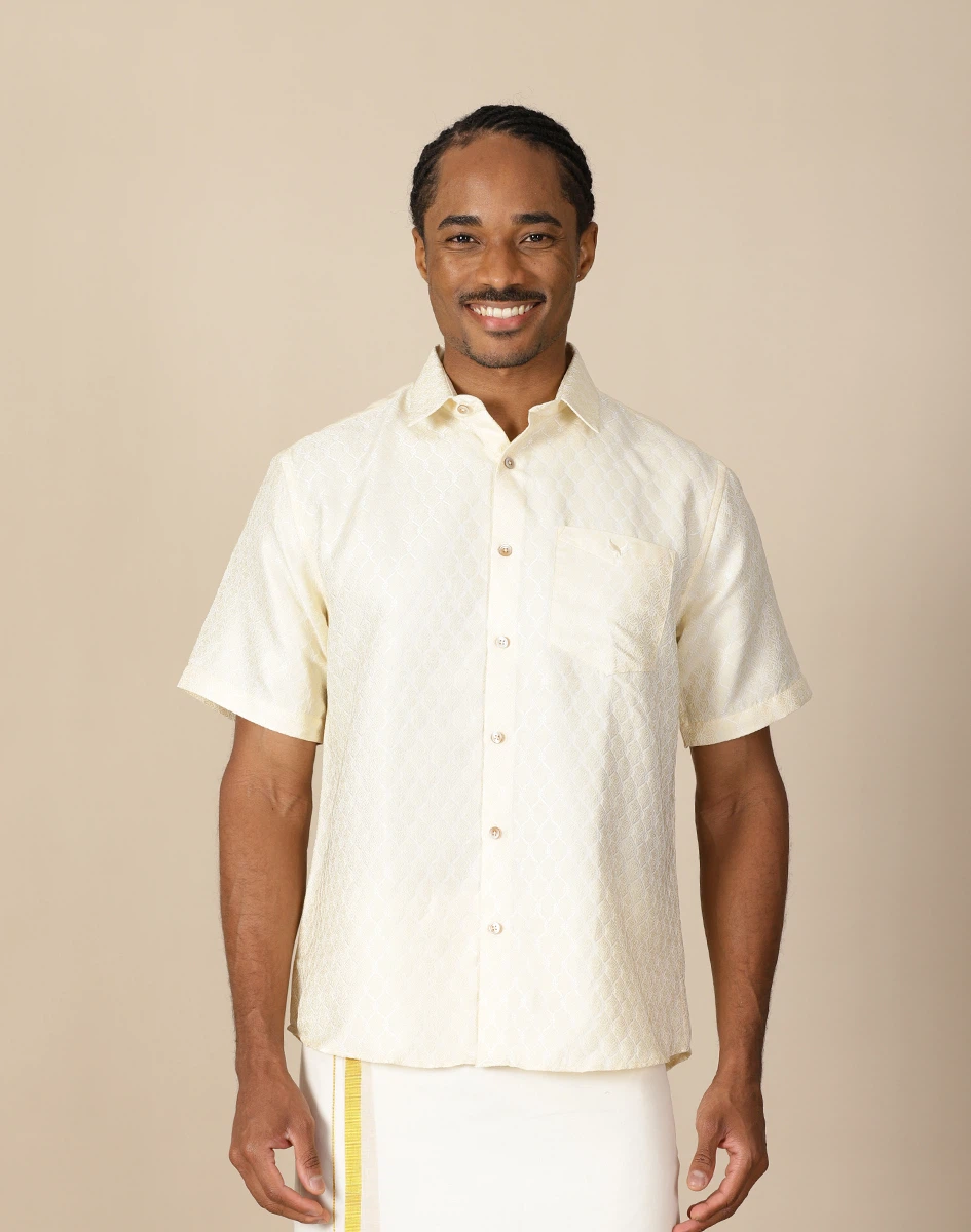 Maurya Vastra Cream Brocade Half Sleeve Shirt (1)