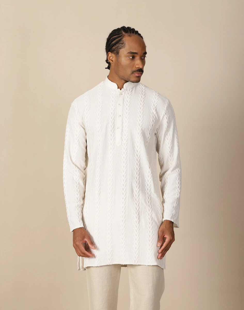 Maurya Vastra Ivory Embossed Cotton Casual Kurta (1)