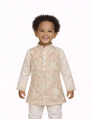 Maurya Vastra Ivory Embroidered Boys Short Kurta