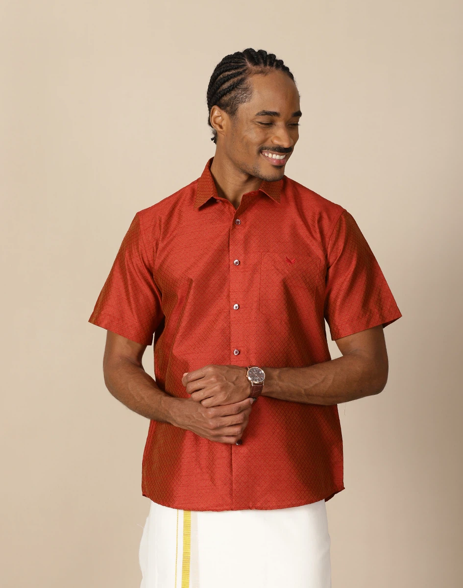 Maurya Vastra Reddish Brown Brocade Half Sleeve Shirt (1)