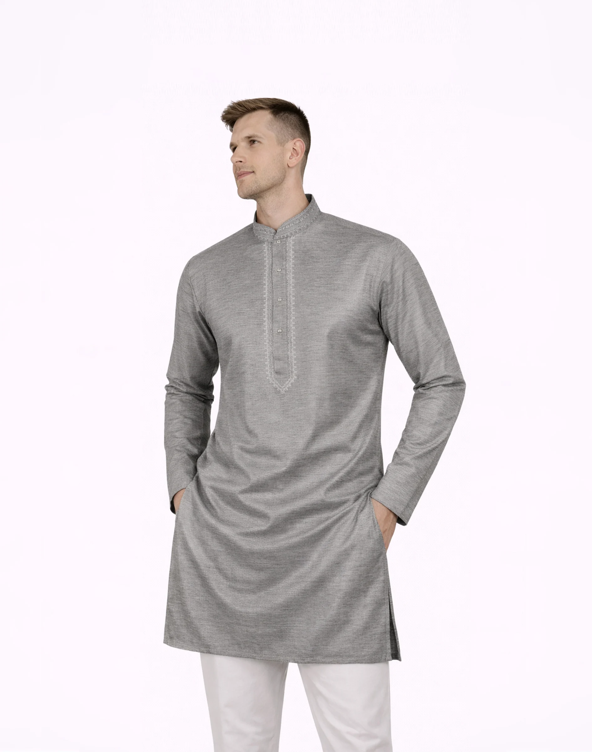 Warrior Classic Grey Textured Yoke Embroidered Silk Kurta (1)