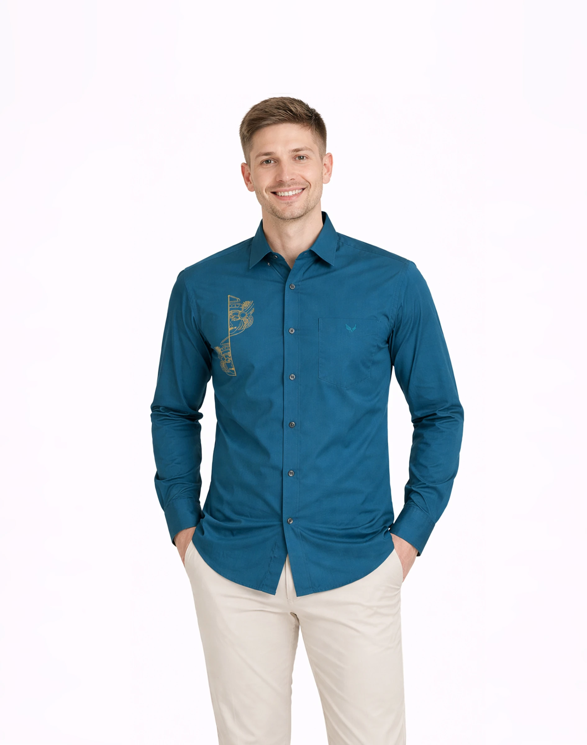 Warrior Classic Teal Blue Kathakali Print Silk Shirt (1)