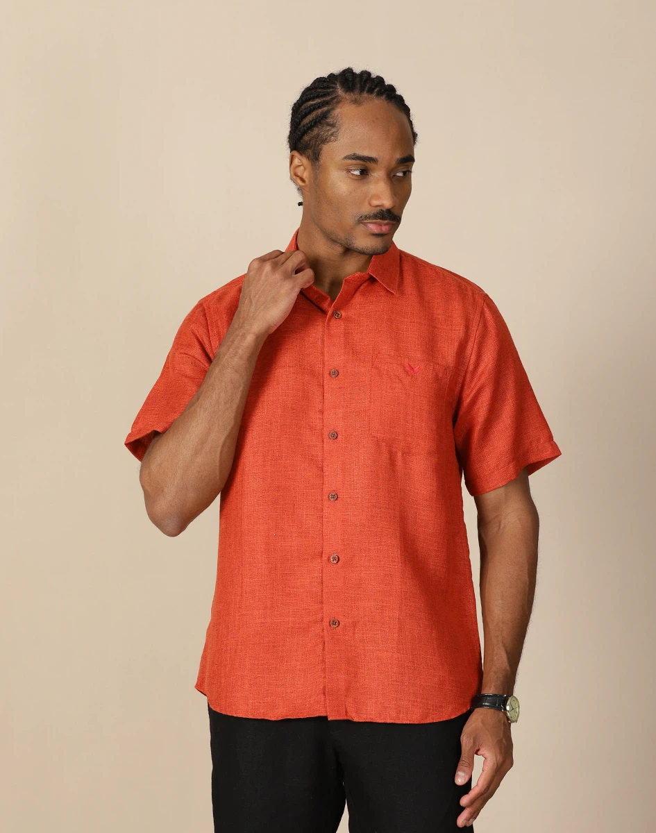 Warrior Men Rust Orange Textured Short Sleeve Shirt (1)