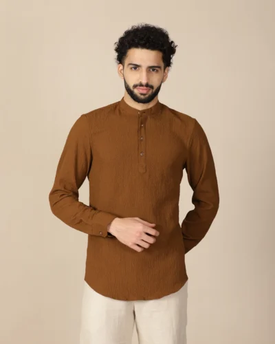 Maurya Vastra Brown Embossed Mandarin Collar Kurta