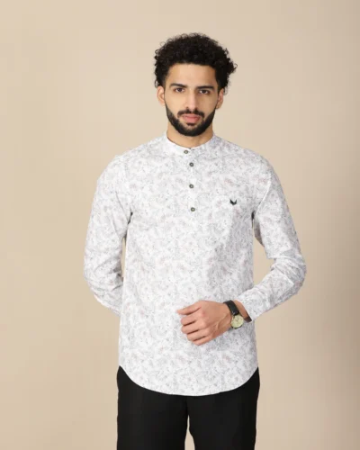 Warrior White Botanical Printed Cotton Mandarin Collar Kurta