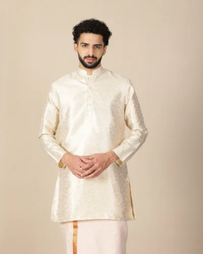 Cream Gold Floral Brocade Full Sleeve Kurta