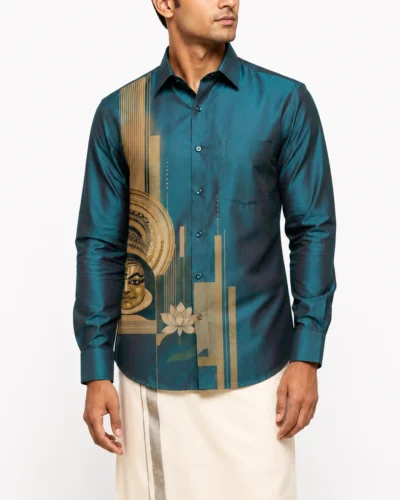 Onam Warrior Teal Blue Kathakali Art Silk Full Sleeve Shirt