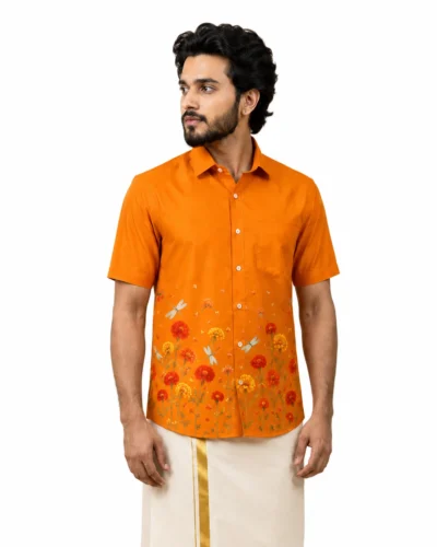 Onam Floral Printed Warrior Orange Short Sleeve Art Silk Shirt