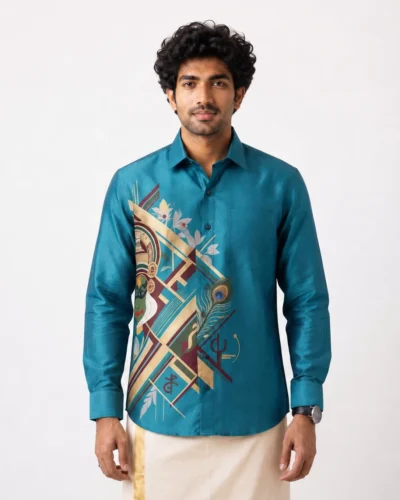 Onam Heritage Kathakali Warrior Teal Blue Full Sleeve Shirt