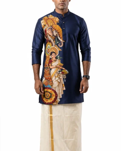 Onam Traditional Art Navy Blue Warrior Full Sleeve Kurta