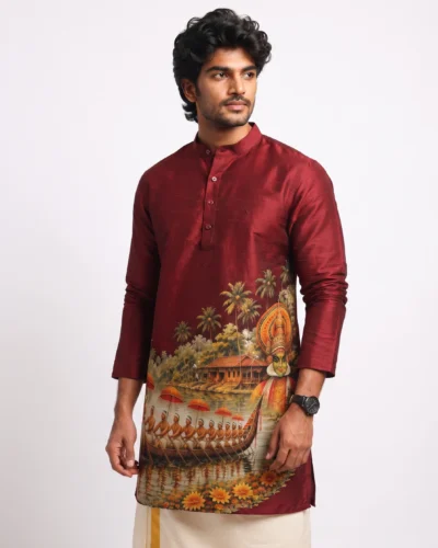Onam Kerala Festive Heritage Maroon Warrior Full Sleeve Kurta