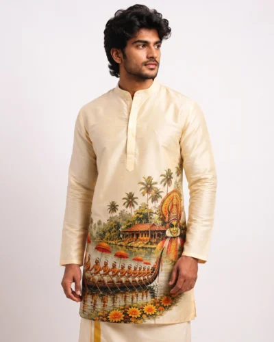 Onam Kerala Festive Heritage Cream Warrior Full Sleeve Kurta