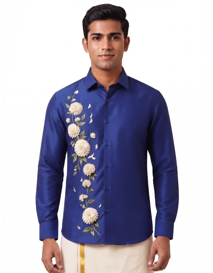 Onam White Dahlia Floral Print Warrior Full Sleeve Shirt