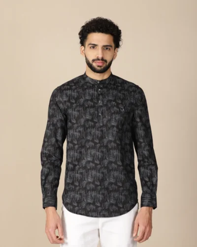 Warrior Charcoal Black Abstract Printed Short Kurta