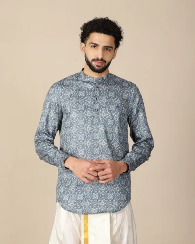 Steel Blue Floral Printed Short Kurta