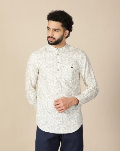 Cream Botanical Printed Short Kurta